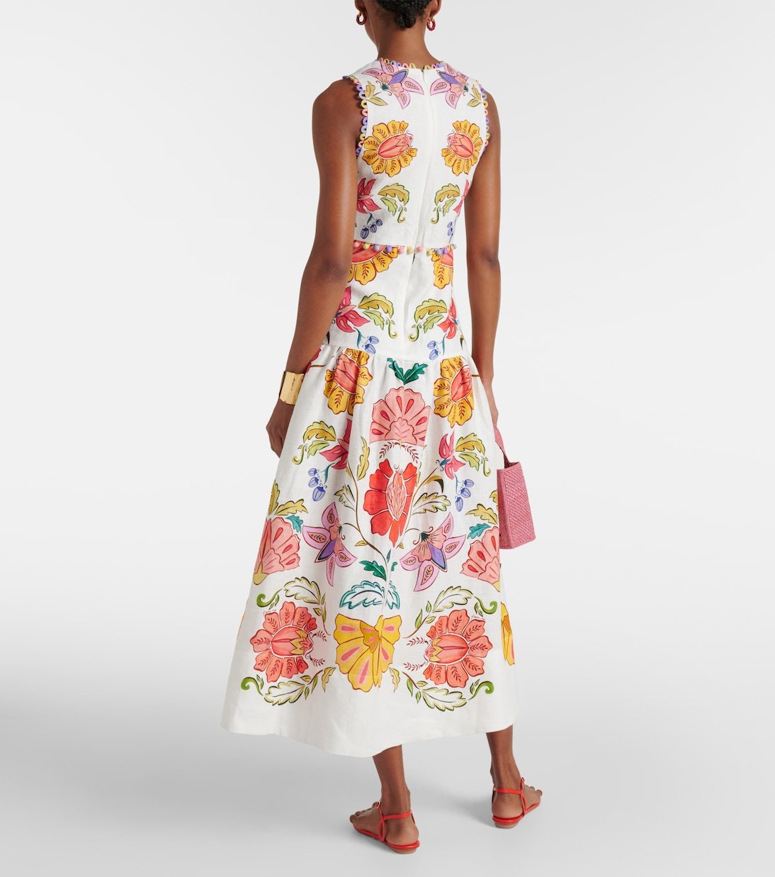 Floral Insects Off White V Neckline Sleeveless Maxi Dress