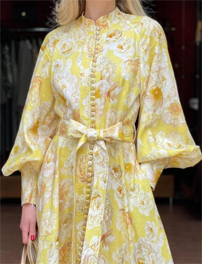 Front Button Down Long Sleeve Yellow Floral Maxi Dress