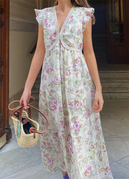 Pink Floral Print Linen Dress