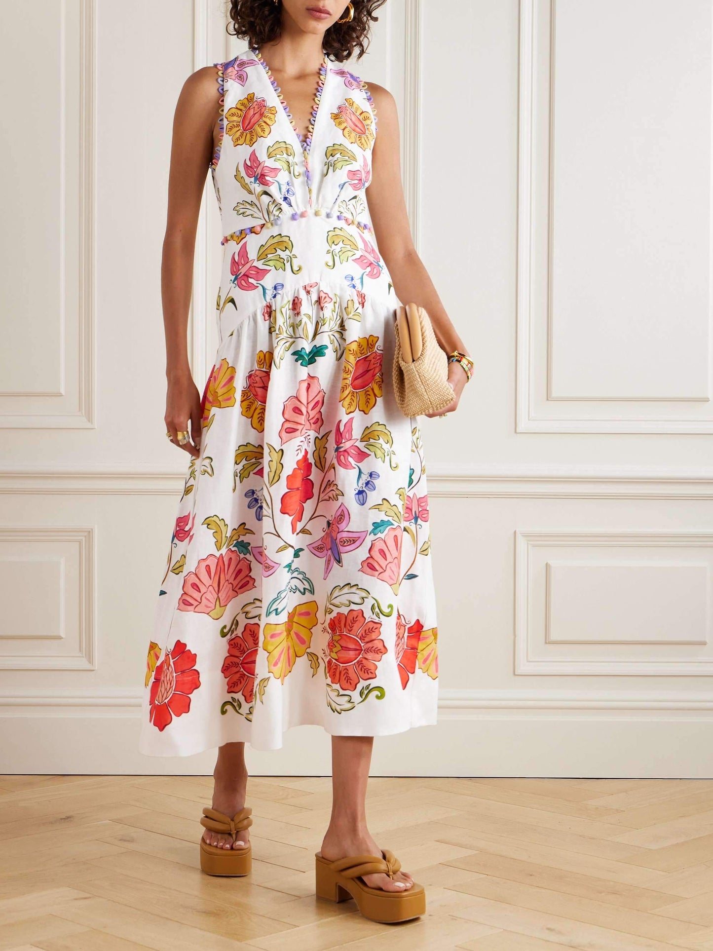 Floral Insects Off White V Neckline Sleeveless Maxi Dress