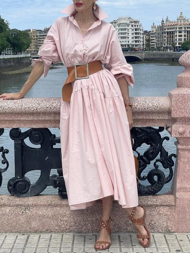 Elegant Pink Belted Shirt Dress