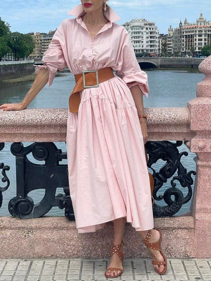 Elegant Pink Belted Shirt Dress