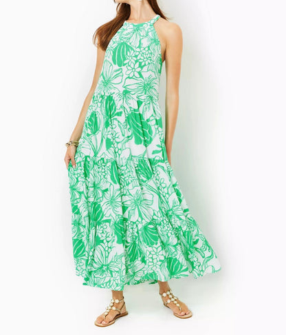 Green Print Sleeveless Sling Long Swing Dress