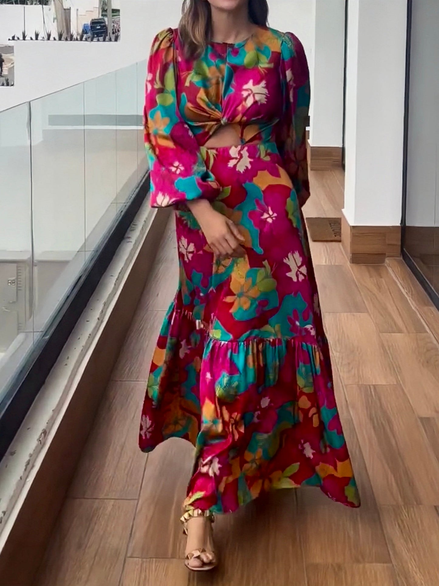 Floral Print Long Sleeve Cut Out Maxi Dress