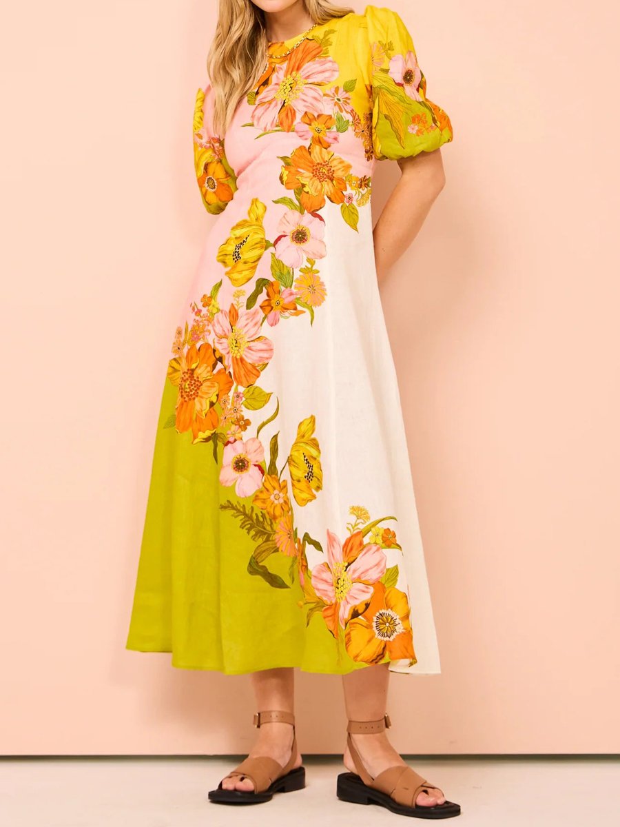 Fashion Floral Print Puff Sleeve Dress