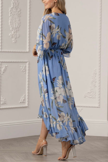 Floral Print Midi Wrap Dress Light Blue