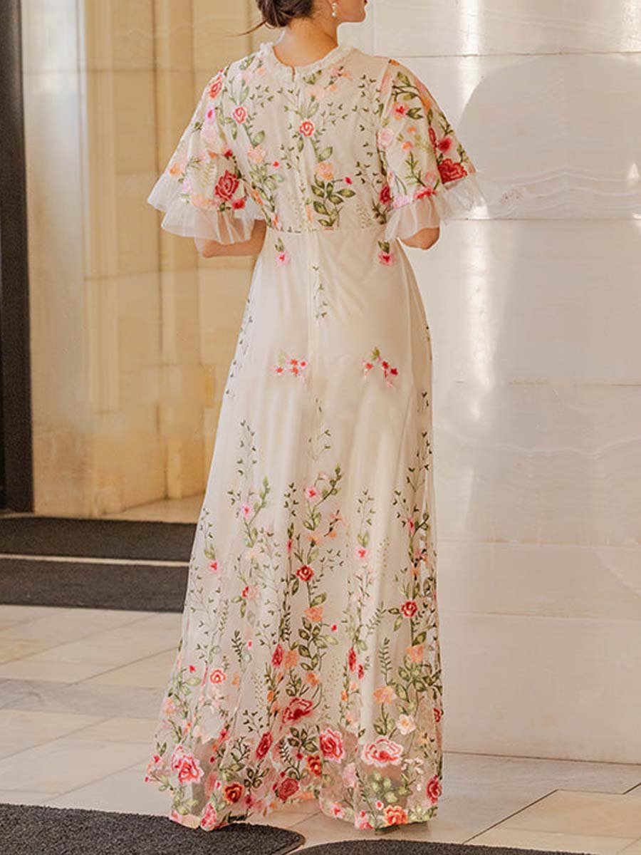 Floral Embroidery Mesh See-through Wedding Dress