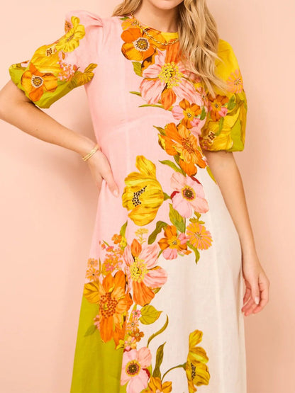 Fashion Floral Print Puff Sleeve Dress