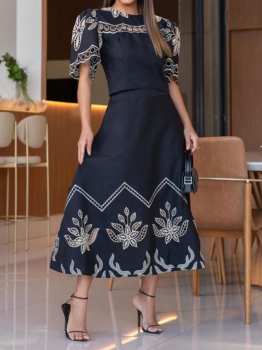 Embroidery Puff Sleeve Two Pieces Dress