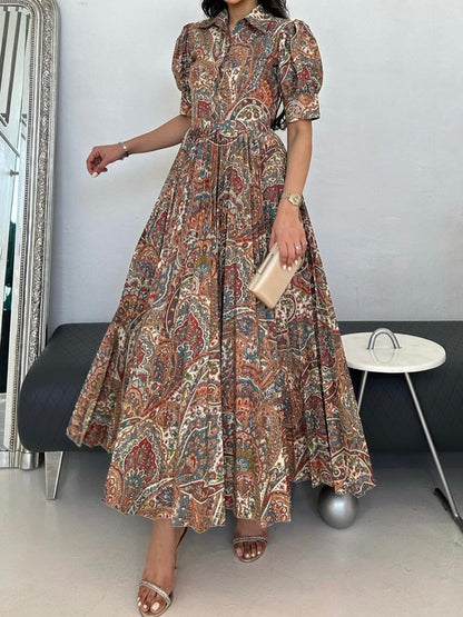 Printed Puff Sleeve Pleated Dress