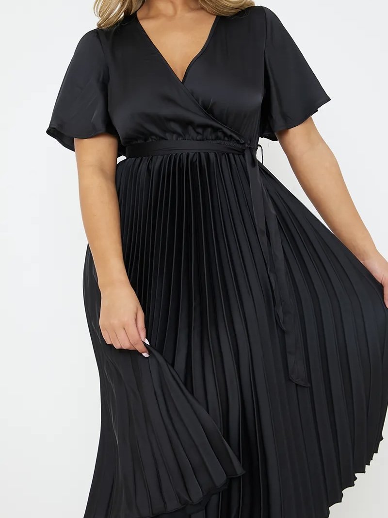 Black Pleated Wrap Midi Dress