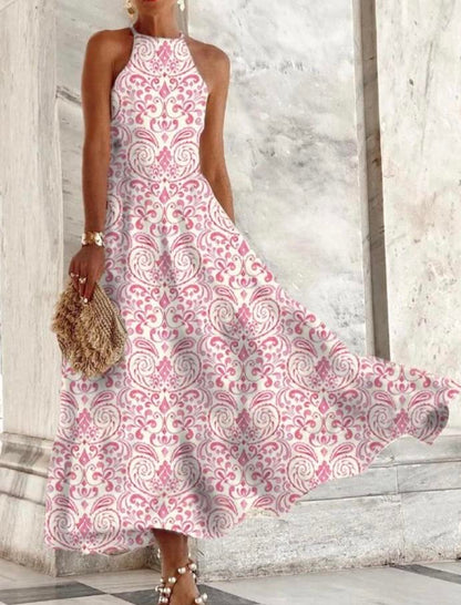 Pink Print Sleeveless Sling Long Swing Dress