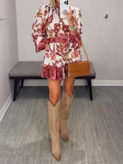 Printed Long Sleeve Belted Mini Dress