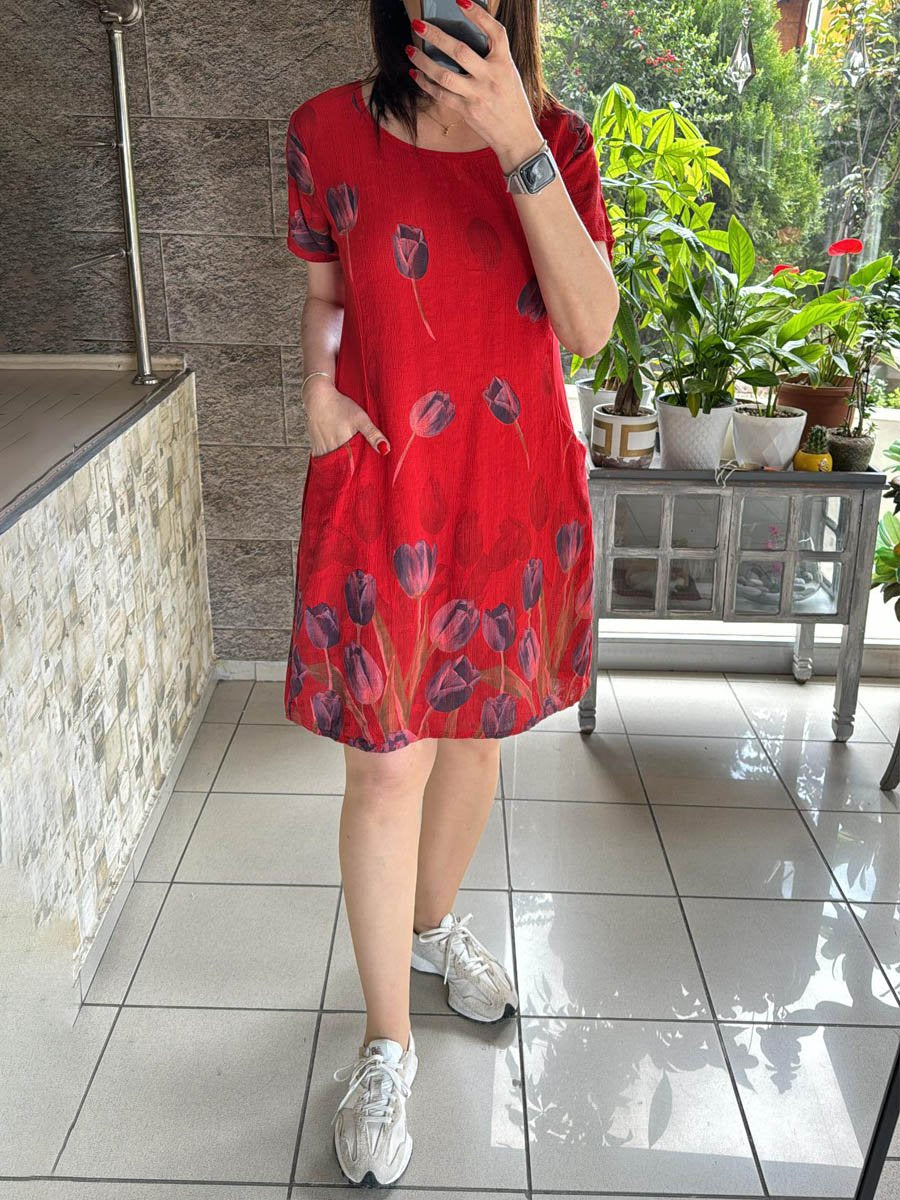 Printed Cotton Linen Short Sleeve Dress