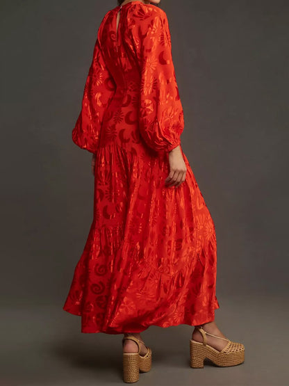 Long Sleeve V Neck Jacquard Maxi Dress