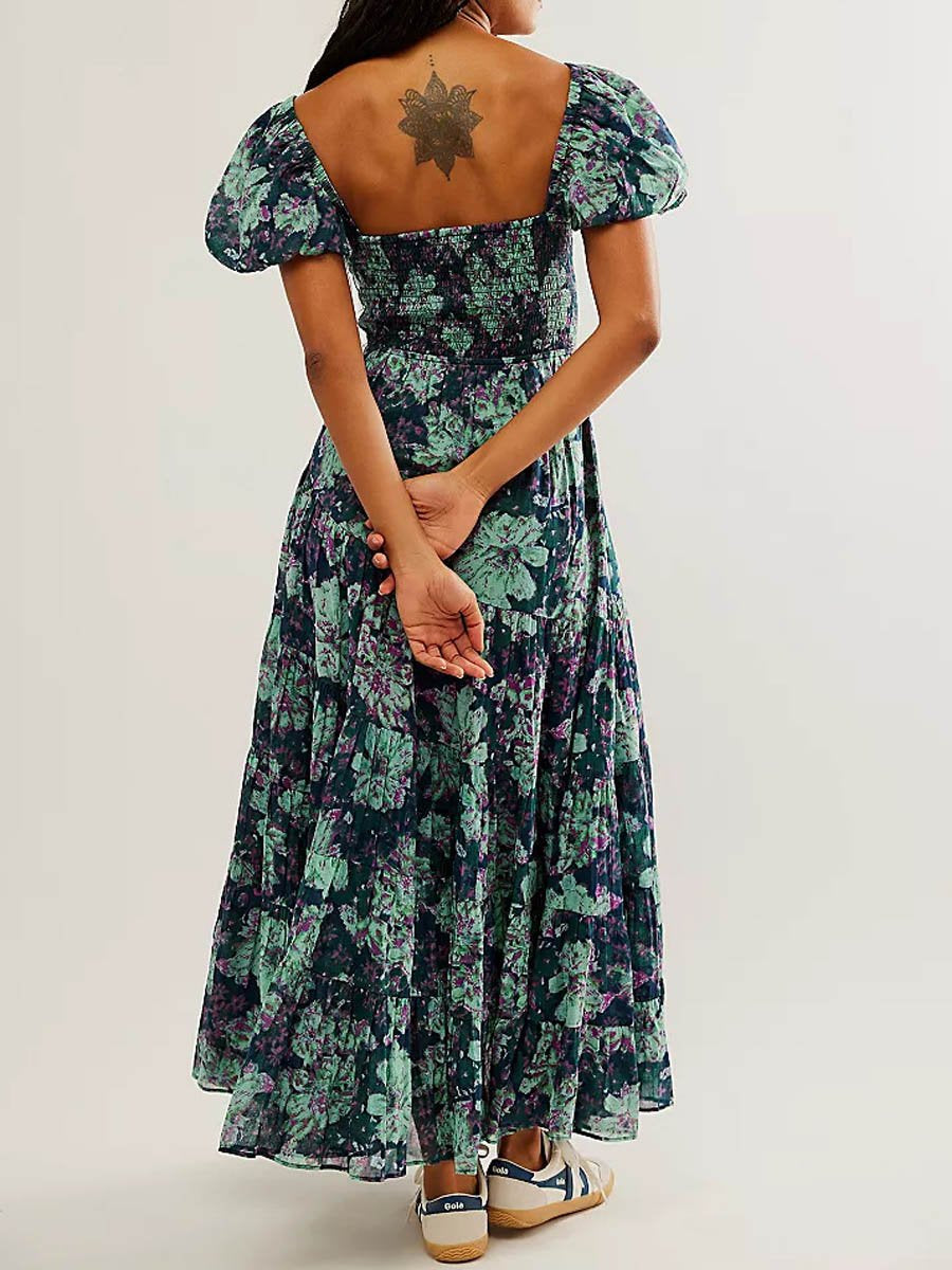 Digital Printed Bohemian Floral Patchwork V Neck Dress