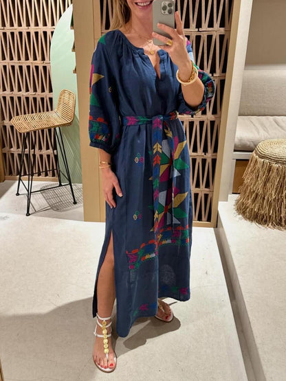 Printed Lace Up embroidered Slit Hem Dress