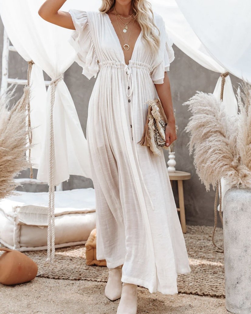 Pocketed Button Down Ruffle Maxi Dress