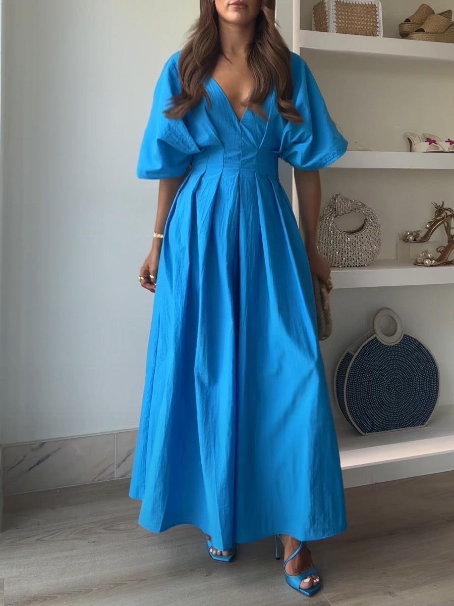 V Neck Pleated Short Sleeve Maxi Dress