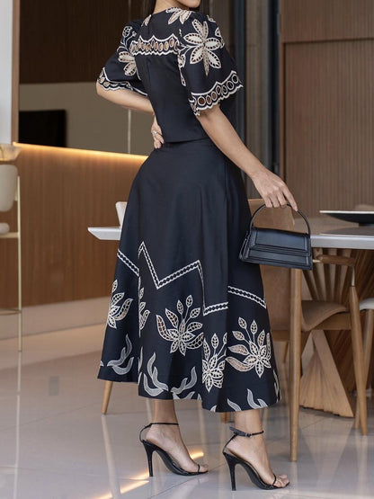 Embroidery Puff Sleeve Two Pieces Dress