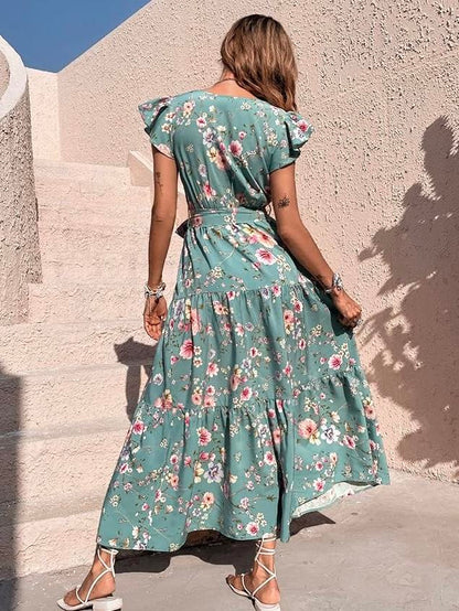 Floral Print Butterfly Sleeve Ruffled Hem Belted Dress