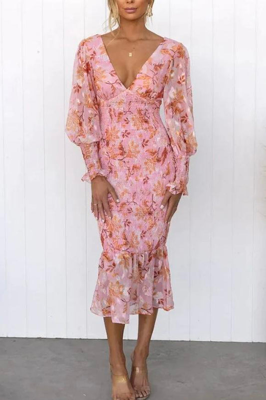 GARDEN GATHERING FLORAL SMOCKED WAIST MIDI DRESS