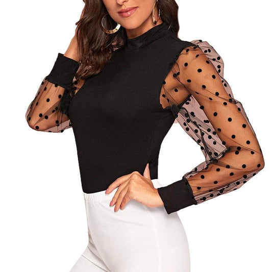 2024 Women's Polka Dots Sheer Mesh Long Sleeve Mock Neck Blouse