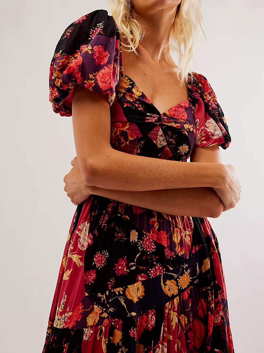 Digital Printed Bohemian Floral Patchwork V Neck Dress