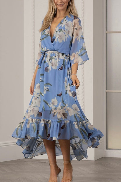 Floral Print Midi Wrap Dress Light Blue