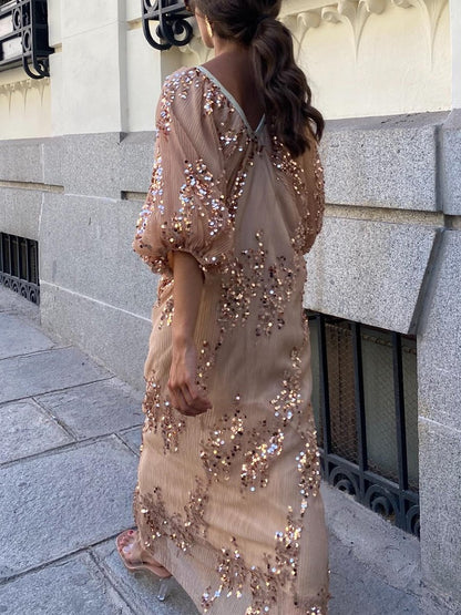 Batwing Sleeve Sequin Deep V Neck Maxi Dress