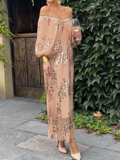 Batwing Sleeve Sequin Deep V Neck Maxi Dress