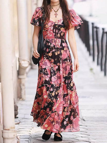 Digital Printed Bohemian Floral Patchwork V Neck Dress