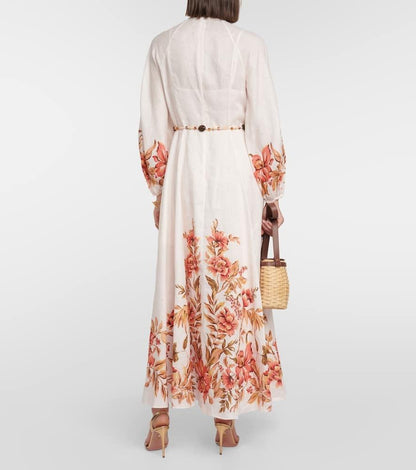 Belted Floral Linen Maxi Dress