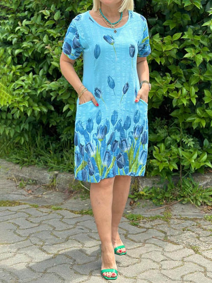 Printed Cotton Linen Short Sleeve Dress