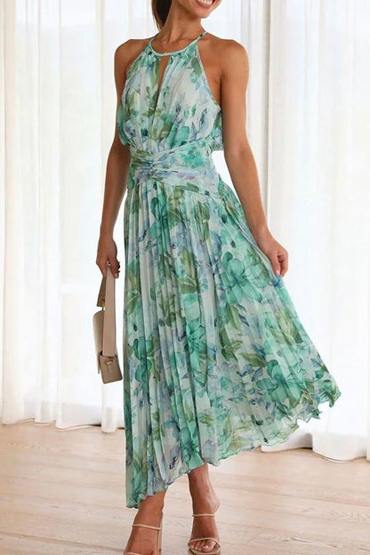 Sunny Forecast Floral Cutout Neck Pleated Midi Dress