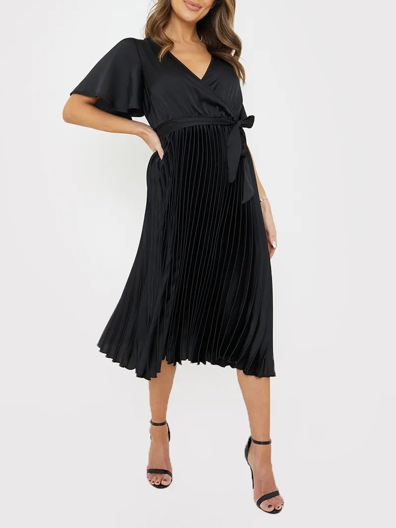 Black Pleated Wrap Midi Dress