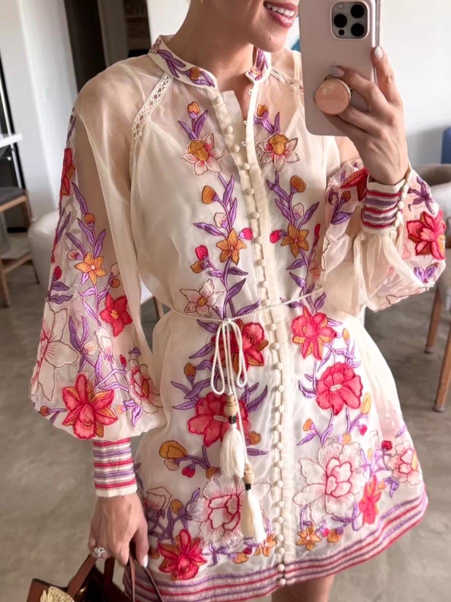 Floral Embroidery Organdie Woven Mini Dress