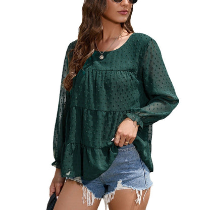 2024 Women's Chiffon Tops Loose Long Sleeve Blouses Ruffle Sleeve Peplum  T Shirt