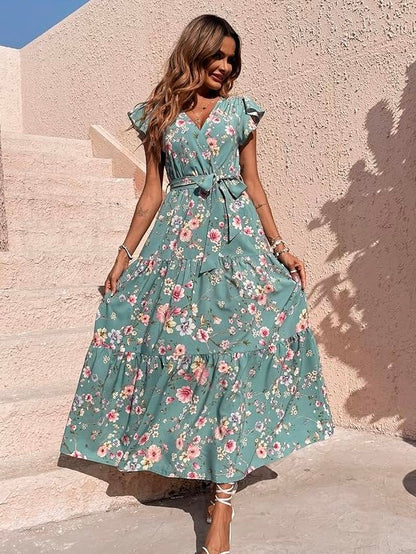 Floral Print Butterfly Sleeve Ruffled Hem Belted Dress