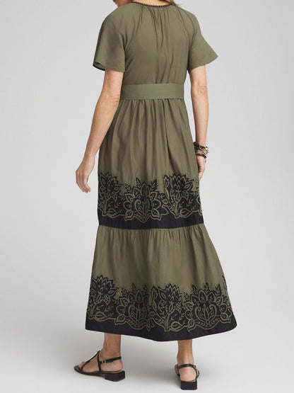 Cotton Embroidered Belted Tier Dress