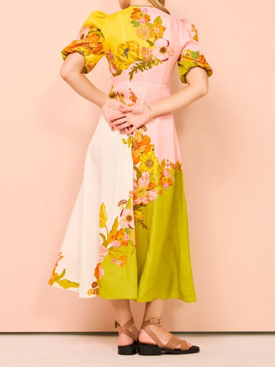 Fashion Floral Print Puff Sleeve Dress