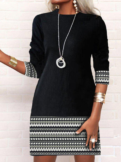 Black And White Aztec Print Trim Long Sleeve Mini Dress