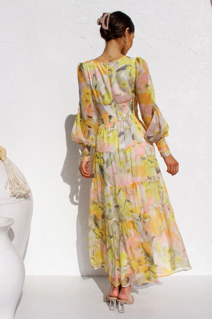 Yellow V Neck Flowy Maxi Dress