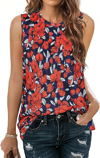 Women Summer Tops Sleeveless Tank Floral Casual Cute Loose Fit Cute T-Shirt Tunic