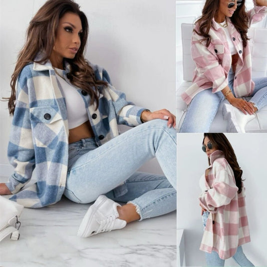 Women 2024 Fashion Style Loose Plaid Long Sleeve Jacket