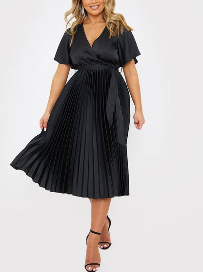 Black Pleated Wrap Midi Dress