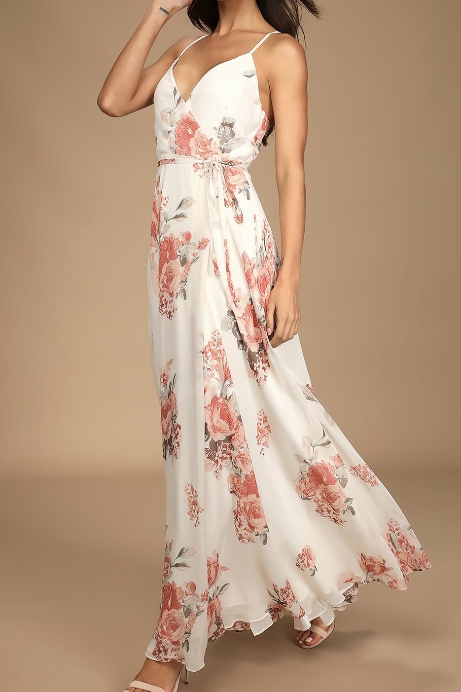 Elegantly Inclined Cream Floral Print Wrap Maxi Dress