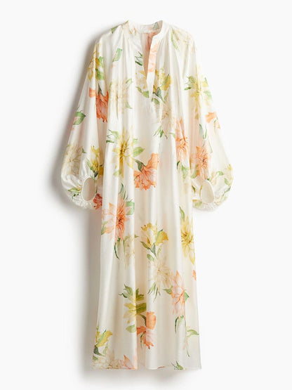 Balloon-sleeved V Neck Maxi Dress