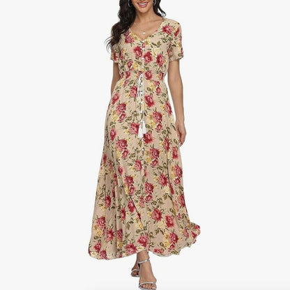 VintageClothing Women's Floral Print Maxi Dresses Boho Button Up Split Beach Party Dress