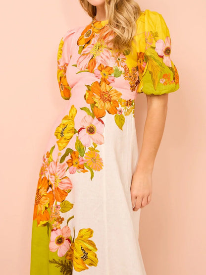 Fashion Floral Print Puff Sleeve Dress